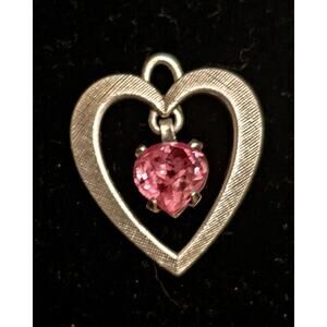 Vtg Cross-hatched Etched 925 Sterling Silver Heart Charm Pendant Pink Rhinestone